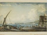 tableau représentant une vue d'un port avec des bateaux et des personnes sur le rivage