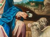 an image of a painting of a woman sitting on a hill with sheep
