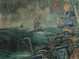 a painting of a ship in the water with other ships in the background