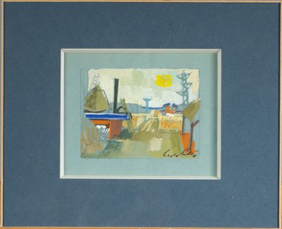 peinture représentant un bateau sur un plan d'eau, avec un soleil jaune en arrière-plan