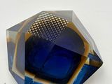 an image of a blue glass ashtray on a white surface