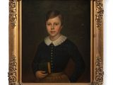 portrait of a young boy holding a book in a gold frame