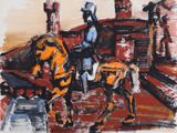 un tableau représentant un homme à cheval dans la rue