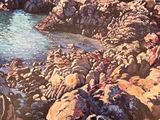 a painting of a man standing on the rocks by the water