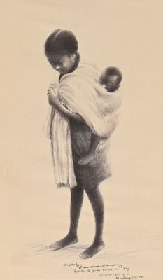 dessin représentant une femme portant un bébé dans une écharpe