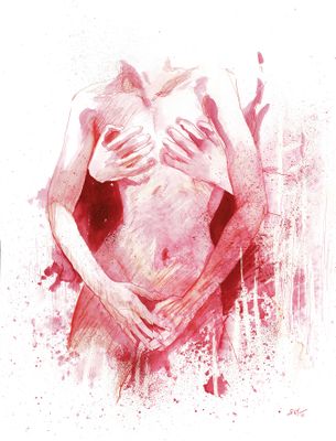 painting of a woman holding a man ' s chest with blood splattered on it