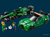 a green lego race car next to a green race car