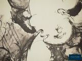 a black and white drawing of a man kissing a woman