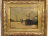 an oil painting of ships in a harbor with a golden frame