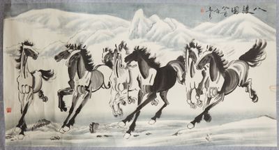 painting of four horses running in the snow with mountains in the background