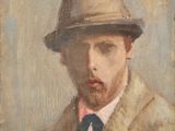 tableau représentant un homme portant un chapeau, un manteau et une cravate