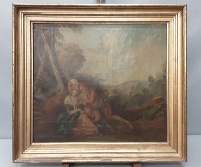 École française 18ème. "Famille au repos dans la campagne".