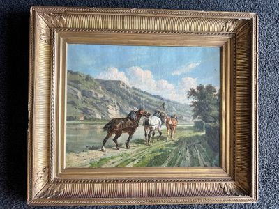 an old painting of a man riding a horse in a mountainous landscape