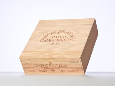 a wooden box that has a label on it