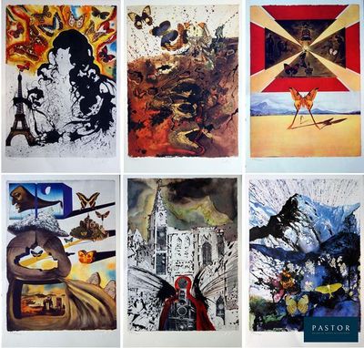 six tableaux représentant différents types d'œuvres d'art accrochés à un mur blanc