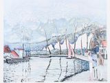 painting of boats in a harbor on a sunny day