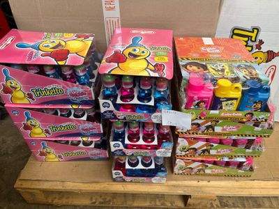 a lot of toys on a pallet with a price tag