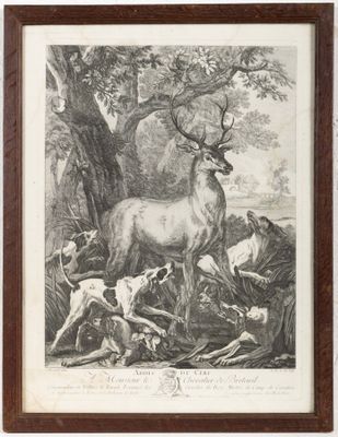 une vieille gravure représentant un cerf et un groupe de personnes dans les bois
