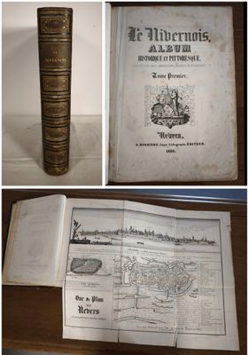 four different views of a book on a table with a map on it