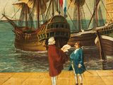 a painting of two men standing on a dock by the water
