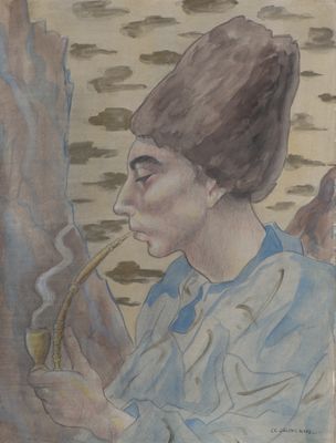 painting of a woman smoking a pipe in front of a body of water