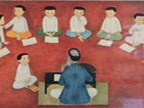 a painting of a group of people sitting in a circle