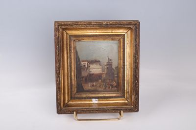 an oil painting of a city scene with a horse drawn carriage in the foreground