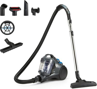 a close up of a vacuum cleaner with various accessories on a white background