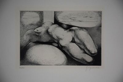 a black and white drawing of a nude man