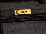 brown alligator skin handbag with gold hardware on black background