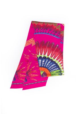 pink tie dyed scarf with colorful fan design on it