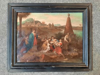 une peinture à l'huile représentant un groupe de personnes assises sur une colline