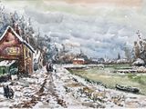 painting of a painting of a snowy scene with a boat in the foreground