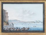 painting of a view of a harbor with boats and people on the water