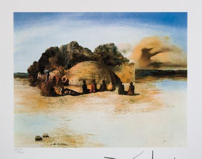 tableau représentant un groupe de personnes sur une plage, avec un bateau dans l'eau