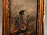 an old painting of a man with a hat and a drum