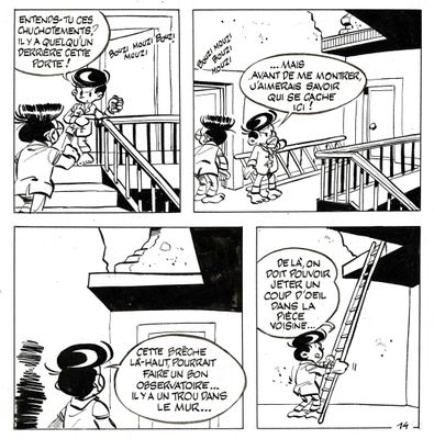 a black and white comic strip with a cartoon of a man on a ladder
