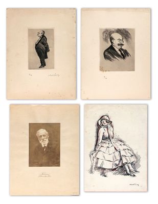 four antique prints of people in formal clothes and hats