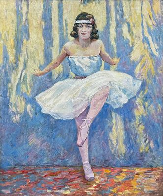 une peinture à l'huile représentant une ballerine vêtue d'une robe blanche et d'un bandeau