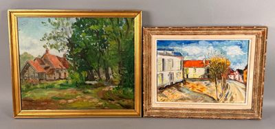 Vue de village, huile sur carton. - Photo 1