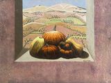 un tableau représentant des citrouilles et des courges dans une fenêtre