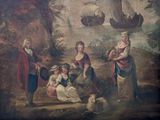 a painting of a group of people in a wooded area