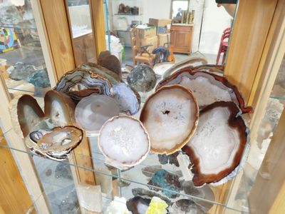 a glass display case filled with lots of different types of rocks
