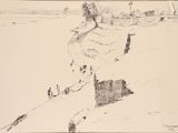 dessin représentant un groupe de personnes marchant sur une plage au bord d'un plan d'eau