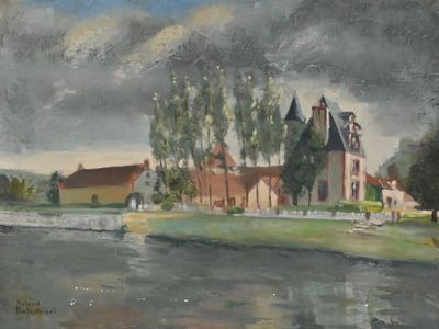 painting of a painting of a church on a river bank