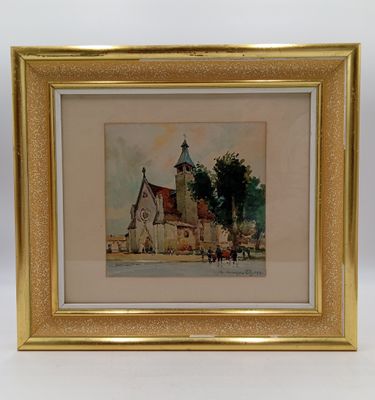 une vieille photo d'une église devant laquelle se trouve une calèche