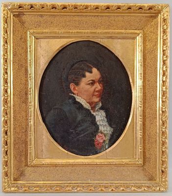 portrait of a woman in a black dress with a rose in her hair