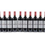 six bottles of red wine lined up in a row on a white background