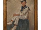une peinture à l'huile représentant un garçon en tenue de marin, assis sur un tabouret