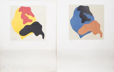 two paintings of a man and a woman sitting on a couch